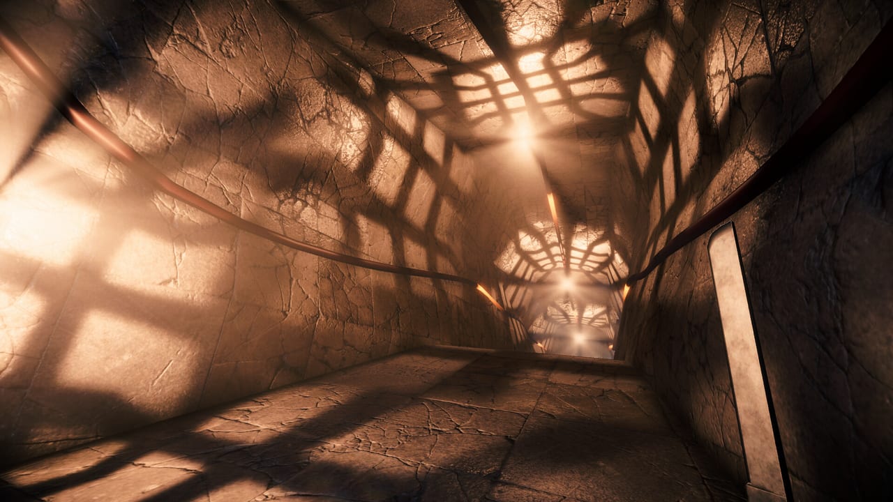 A curved stone maze corridor in Inferno Protocol, lit by grated skylights with no reliable landmarks.
